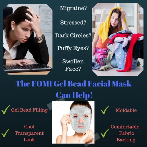 Vista 4 de FOMI Máscara facial completa con cuentas de gel para terapia caliente y fría, mascarilla facial de hielo para migraña, alivio del estrés, reduce