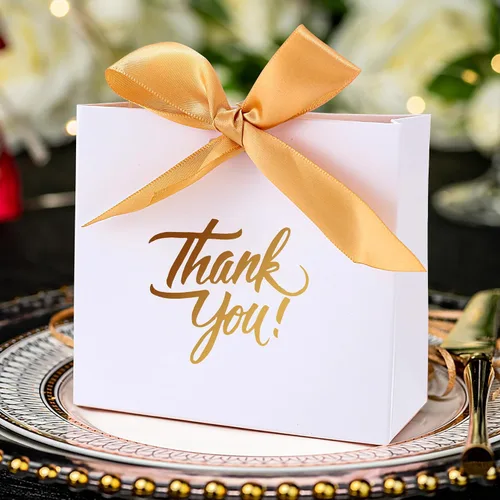 Vista 8 de Yoption 50 cajas de regalo de boda, pequeñas bolsas de regalo de agradecimiento, cajas de dulces con lazo dorado, boda, despedida de soltera, fiesta