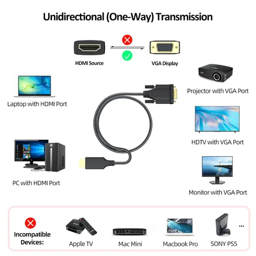 Vista 2 de Cable HDMI a VGA de 6 pies macho a macho, cable adaptador activo chapado en oro, convertidor de conector para conectar computadora portátil