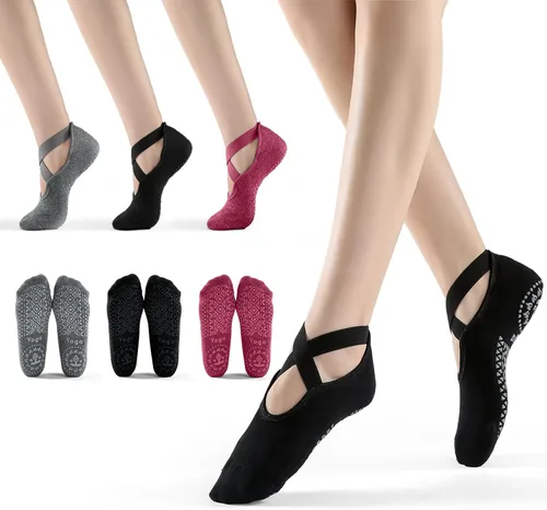 Vista 6 de SpringPlus 3 pares de calcetines de yoga para mujer con agarre antideslizante, pilates, barra, yoga, embarazo, baile, entrenamiento descalzo