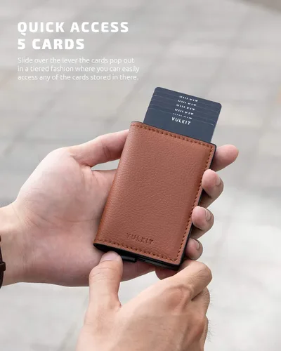 Vista 50 de VULKIT Tarjetero RFID Bloqueo de Cuero Automático Pop Up Cartera Aluminio Slim Pocket Tarjeta de Visita