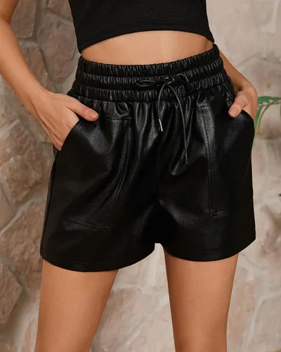 Vista 6 de QIANXIZHAN Pantalones cortos de cuero para mujer, pantalones cortos sexys de cintura alta sintética de pierna ancha SP