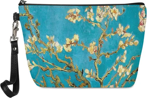 Vista 25 de Howilath Abstract Art Cat Cosmetic Pouch for Women PU Leather Toiletry Storage Bag Trapezoid Makeup Bags with Wrist Strap