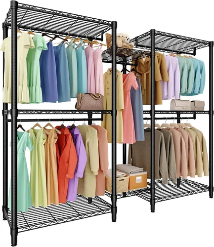 Vista 13 de Perchero de ropa resistente, perchero portátil de metal con estantes ajustables de 3 niveles, estantes de ropa independientes para colgar ropa