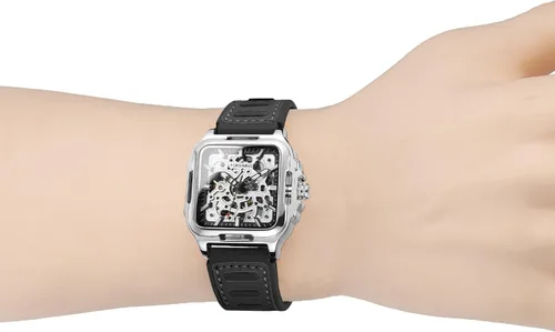 Vista 24 de FORSINING Reloj de pulsera con diseño de esqueleto impermeable para hombre, automático, steampunk, correa de silicona, luminoso cuadrado