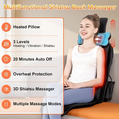 Vista 2 de Masajeador de espalda Shiatsu con calor, almohadilla para silla de masaje para espalda completa, masajeador de silla con soporte para el cuello
