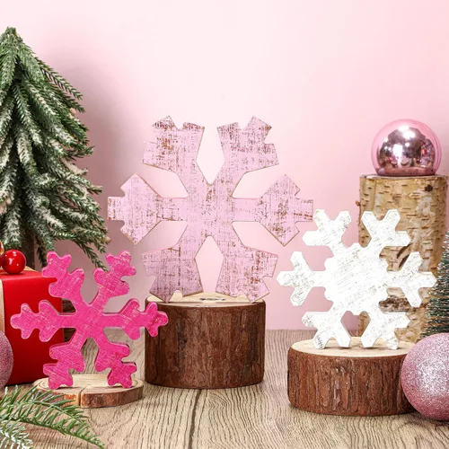 Vista 10 de Bucherry 3 Piezas Decoración de Copos de Nieve de Madera de Invierno Letreros de Mesa de Copos de Nieve de Invierno Rústicos Bloques de Madera