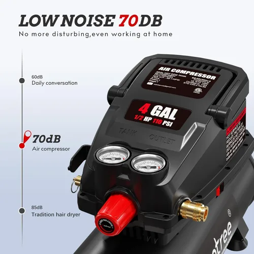 Vista 2 de Compresor de aire portátil, tanque de compresor de aire libre de aceite de 4 galones, motor de 0.5 HP, máximo 110 PSI, 0.6 SCFM a 90 PSI, compresor