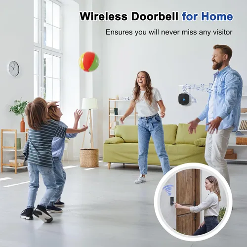 Vista 2 de Campanas de puerta inalámbricas para hogares, kits de timbre con 1 transmisor, 1 receptor, funcionamiento impermeable a un rango de 1000 pies, 48