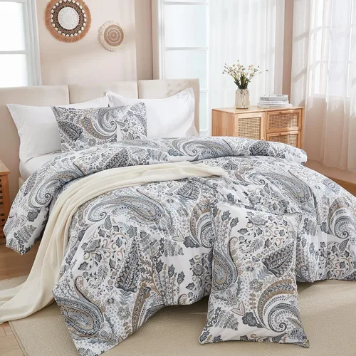 Vista 16 de Juego de edredón floral azul tamaño Queen, juego de ropa de cama botánica azul 100% algodón, edredón suave transpirable de 3 piezas y 2 fundas
