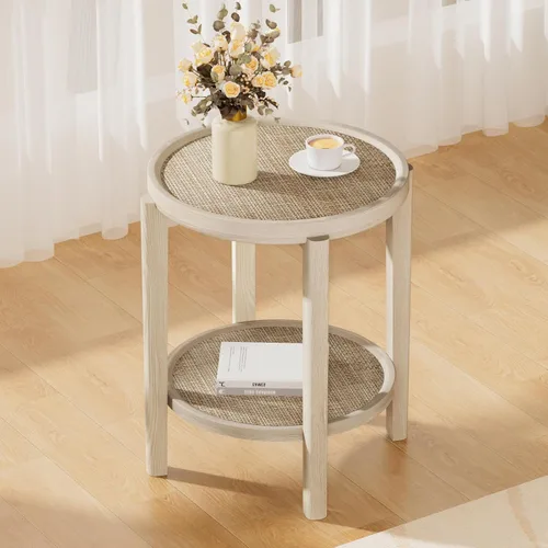 Vista 19 de Eclatara Mesitas de noche de ratán, mesa auxiliar de 2 niveles para dormitorio, mesa auxiliar de polígono decorativa para espacios pequeños, mesa