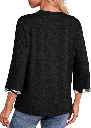 Vista 4 de Dokotoo - Camisas para mujer, ligeras, para verano, otoño, a la moda, manga 3/4, camisetas informales, blusas básicas Negro