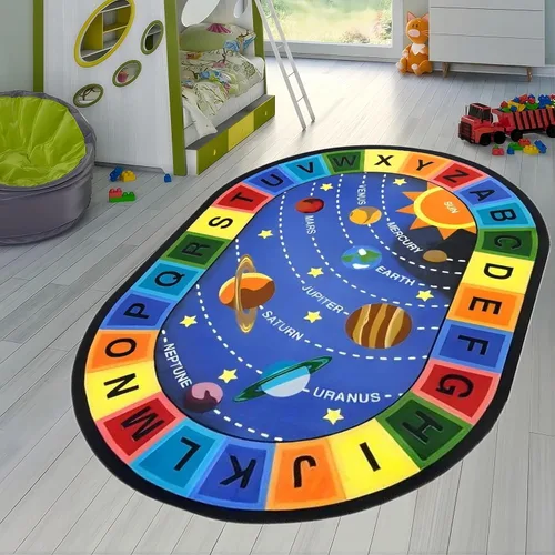 Vista 4 de Tapete de aprendizaje educativo para niños, 3 x 4 pies, tapete decorativo con diseño de planeta y alfabeto ABC, ovalado, grande, antideslizante