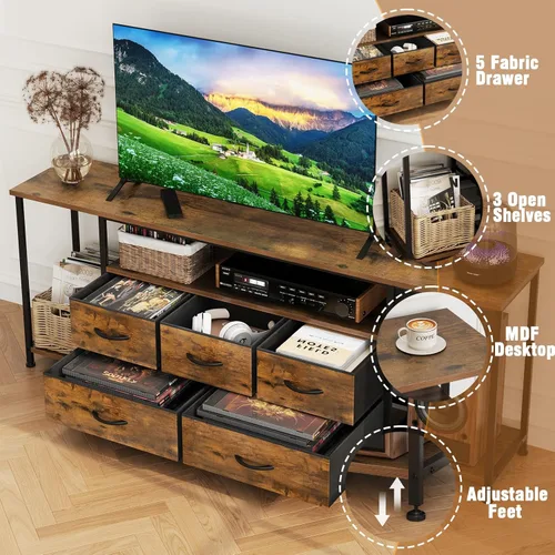 Vista 6 de Soporte de TV para televisores de hasta 75 pulgadas, mesa consola industrial de TV con 5 cajones de tela y 3 estantes abiertos, centro
