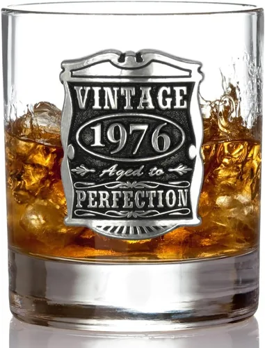 Vista 3 de English Pewter Company Vintage Years 1976 - Vaso de vidrio para 50 cumpleaños o aniversario, diseño de whisky Rocks, idea de regalo única