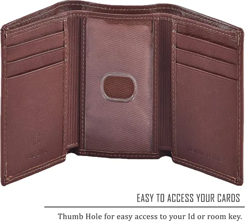 Vista 3 de Cartera de piel auténtica con triple pliegue para hombre, bolsillo frontal delgado, tarjeta de bloqueo RFID