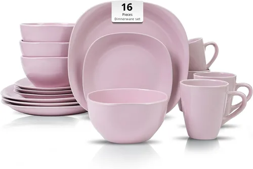 Vista 19 de juego de vajilla de cerámica de 16 piezas en forma cuadrada, interior rosa brillante + exterior negro mate