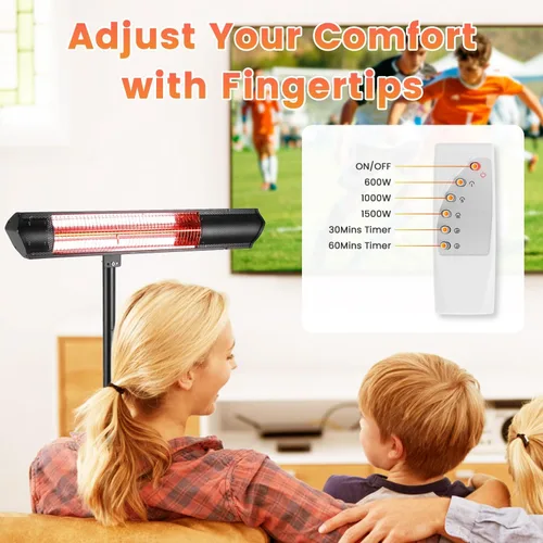 Vista 6 de Calentador eléctrico de 1500 W, calentador de espacio infrarrojo para interiores, calentador de patio al aire libre con soporte, 2 controles