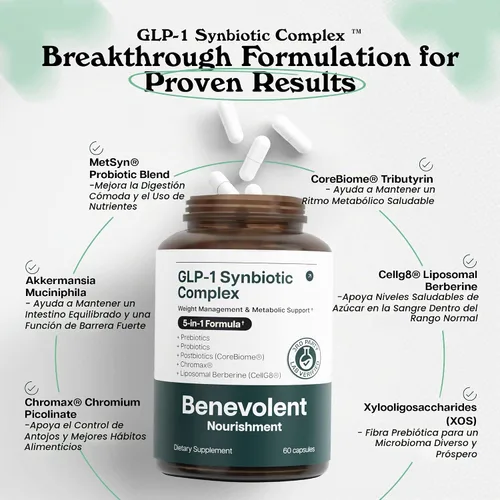Vista 4 de Benevolent Natural GLP-1 Suplemento probióticos para la salud intestinal, 60 cápsulas 5-in-1 Synbiotic with Akkermansia, MetSyn®, Chromax® &