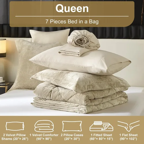 Vista 7 de Ivellow Queen Comforter Set 7 Pieces Bed in a Bag, Beige Velvet Comforter beige (7pcs-Beige)