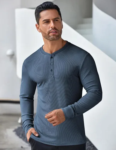Vista 20 de COOFANDY Camisas Henley de manga larga para hombre, camisetas elásticas acanaladas, camisetas básicas casuales de moda