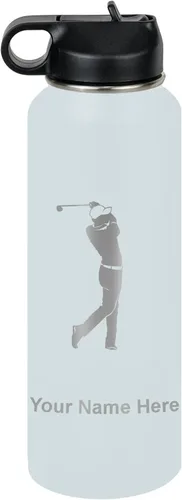 Vista 15 de LaserGram Botella de agua personalizada, golfista de golf, acero inoxidable de doble pared aislada al vacío con popote superior, regalo grabado Negro