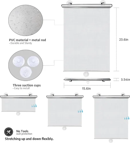 Vista 4 de No-Drilling Blackout Blind Shade with 3 Suction Cups, Temporary Portable Roller Window Curtain for Home Office Car, Silver 95% Shade W15.7 x L23.6