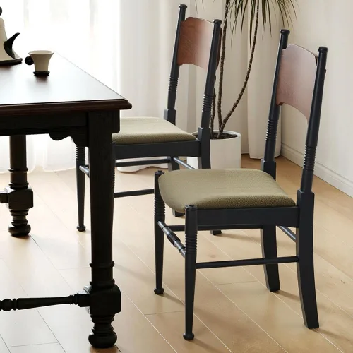 Vista 2 de Sillas de comedor de madera estilo rústico retro con cojín de asiento de tela tapizada respaldo alto curvado cocina moderna