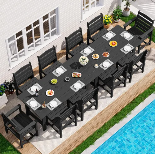 Vista 19 de SERWALL Juego de mesa de comedor de 7 piezas, muebles de comedor de polietileno de alta densidad para exteriores con agujero para paraguas y 6 Negro