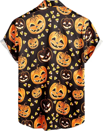 Vista 2 de VATPAVE Camisas de manga corta con botones de calabaza de Halloween para hombre