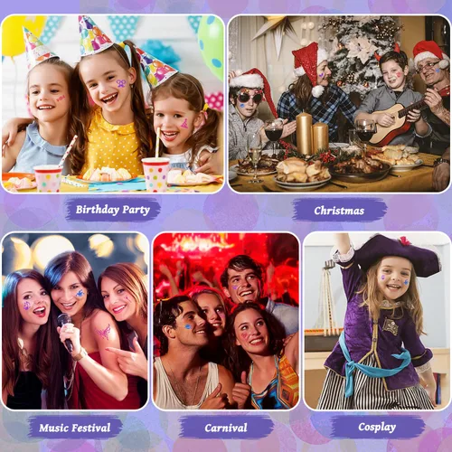 Vista 7 de Kit de tatuajes temporales con purpurina para niños, 48 colores de purpurina, 178 plantillas, 4 pegamento, 5 pinceles, kit de purpurina para adultos
