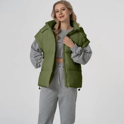 Vista 17 de Shiyifa Chaleco acolchado para mujer, chaqueta de gran tamaño, sin mangas, ligera, con cremallera, con capucha desmontable