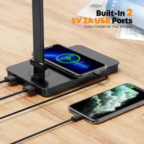 Vista 5 de Lámpara de escritorio LED para cuidado de los ojos, lámpara de mesa regulable con 2 puertos de carga USB y 10 niveles de brillo x 5 modos
