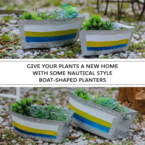 Vista 6 de Zeckos Juego de 2 macetas de metal galvanizado para barcos – Elegantes tinas de flores para interior y exterior – Abalorio marinero – Decoración