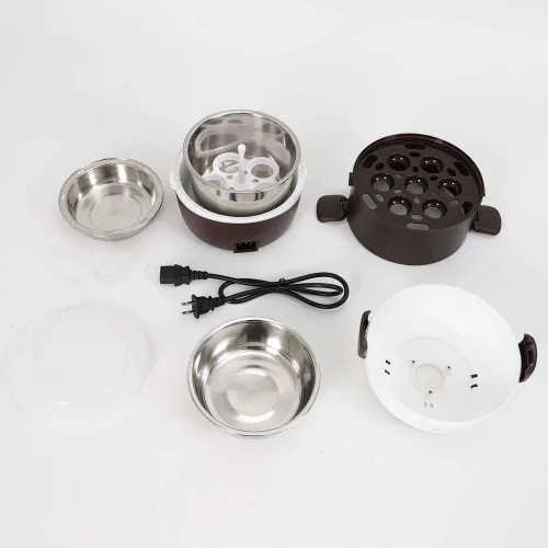 Vista 4 de Fiambrera eléctrica para arrocera, 3 capas, 2 L, calentador de alimentos de arroz portátil con estante para vapor, vaporizador de alimentos de acero