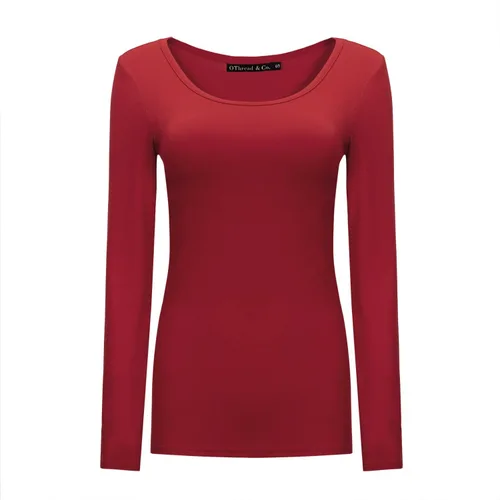 Vista 35 de OThread & Co. Camiseta de manga larga con cuello redondo para mujer, capa básica, de elastano Albaricoque