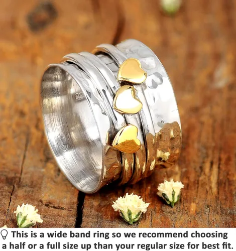 Vista 3 de Boho-Magic Anillo giratorio para mujer, plata de ley 925 con corazones de latón y bandas para la ansiedad, Metal