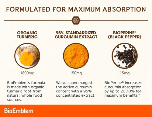 Vista 3 de BioEmblem Suplemento de curcumina de cúrcuma con curcumina de cúrcuma BioPerine con TurmiPure estudiada clínicamente