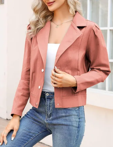 Vista 3 de KOJOOIN Chaquetas vaqueras recortadas para mujer, chaqueta de manga larga abombada, abrigo casual con solapa de muesca