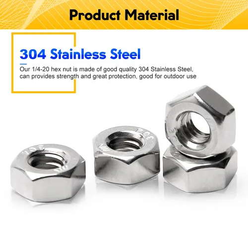 Vista 3 de 100 piezas de tuercas hexagonales de 1/4-20, acero inoxidable 304, accionamiento hexagonal, tuercas UNC, tuercas de repuesto de 1/4" de acero