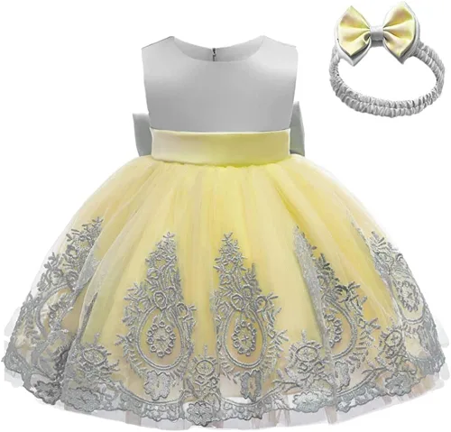 Vista 3 de HOIZOSG Vestido de encaje bordado con lazo para bebé, para cumpleaños, boda, fiesta formal, tutú con gorro