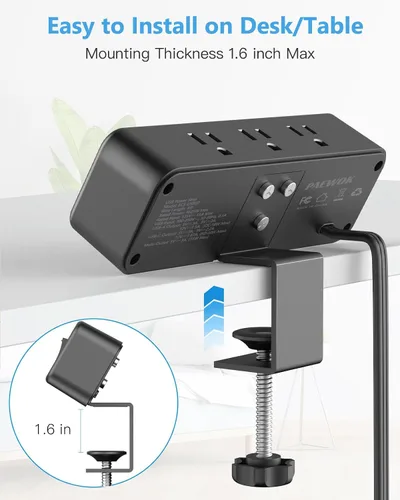 Vista 6 de Regleta de alimentación con abrazadera de escritorio de 6 salidas con USB C, protector de sobretensiones de enchufe plano, montaje de borde de Negro