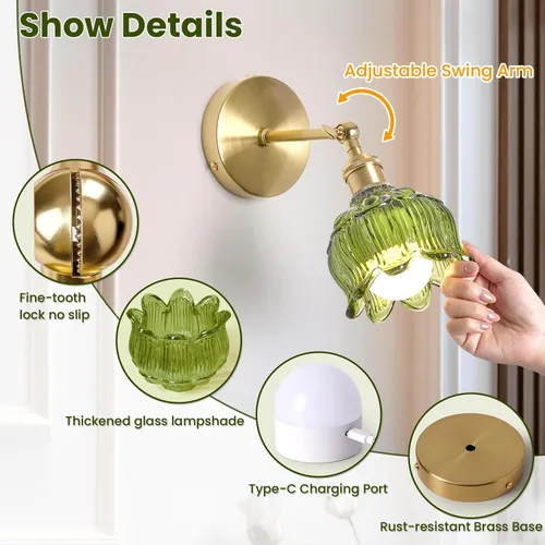 Vista 5 de Vintage Battery Operated Wall Sconces - 5000mAh Rechargeable Dimmable Wireless Lights with Remote Control - Set of 2 Green Flower Glass Powered