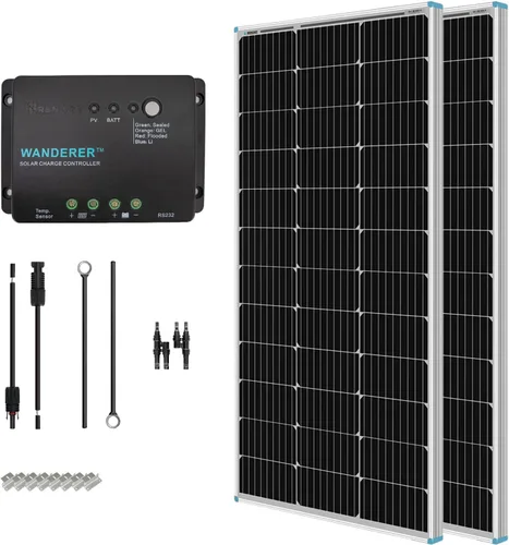 Vista 7 de Renogy - Kit básico de panel solar de 100W 12V, panel solar monocristalino de 100 vatios, controlador de carga PWM LCD de 30A, kit de adaptadores