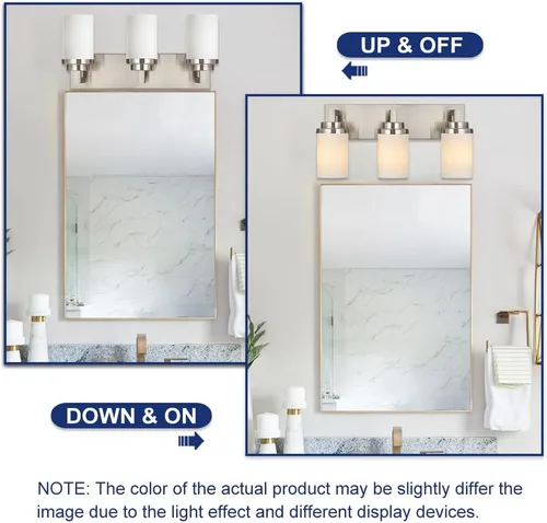 Vista 5 de TODOLUZ Lámpara de baño de 3 luces con pantallas de vidrio blanco ópalo, iluminación moderna de baño sobre espejo de níquel cepillado para cocina
