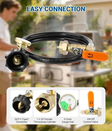 Vista 2 de Adaptador de repuesto de propano DPB de 3 pies con manguera de goma para 1 Llenador de tanque de propano de 20 libras a 1 libra con 2 tapas
