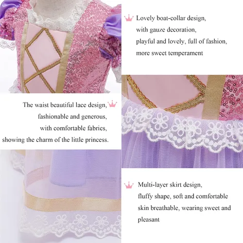 Vista 4 de Ropa de vestir de princesa, disfraz rosa para niñas pequeñas, disfraz de Halloween con accesorios de 3 a 8 años