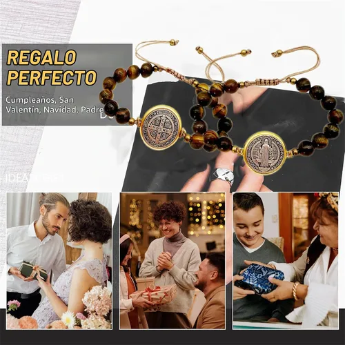 Vista 4 de 2 piezas Pulsera de San Benito Pulsera de Ojo de Tigre Medalla de San Benito Católica Medalla de San Benito