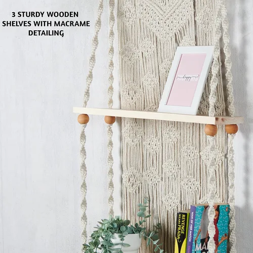 Vista 5 de Folkulture Estante de pared colgante de macramé de 3 niveles o estantes flotantes para decoración bohemia de habitación, estantes colgantes