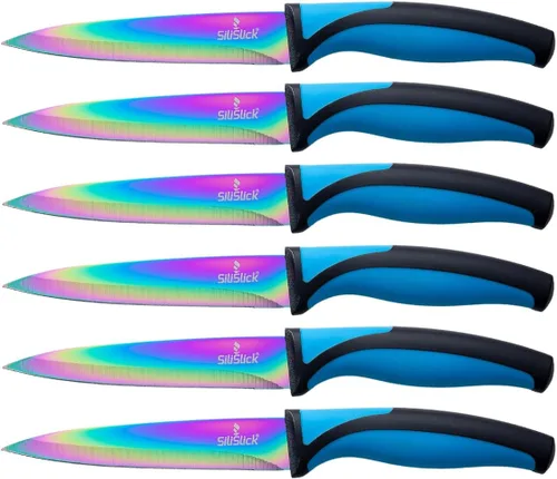 Vista 13 de SiliSlick Juego de cuchillos para carne de acero inoxidable, cuchillos de cocina coloridos con revestimiento de titanio con borde recto, suave